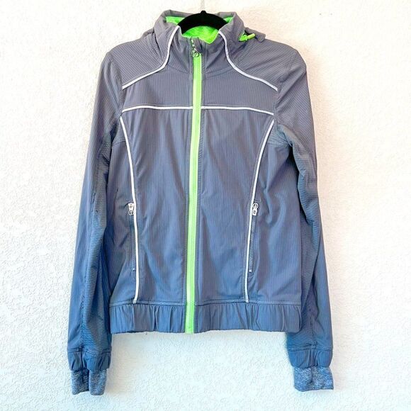 Ivivva Gray & Neon Green Zip Up Jacket with Hoodie, Size 8 - Picture 1 of 6